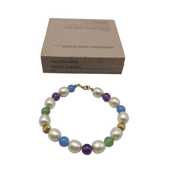Faux Pearls Avon Bracelet Impressionistic Pastels 1986 Vintage Purple Blue 8.5 - Picture 1 of 4